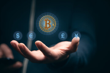 man holding phone with virtual bitcoin