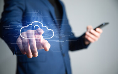 Hand using phone with cloud computing system