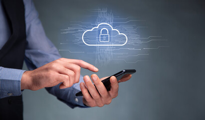 Hand using phone with cloud computing system