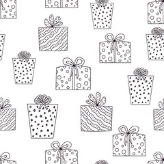 Hand drawn gift boxes pattern for celebration wrapping paper design. - 466745987