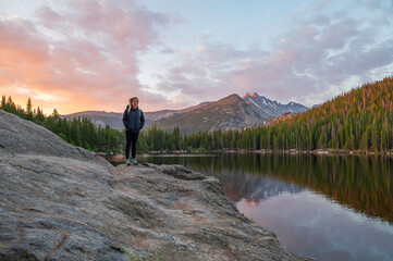 Female hiker at Bear Lake in Rocky Mountain National Park