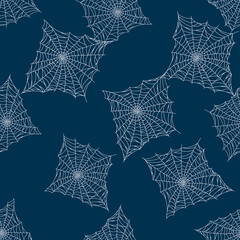 Seamless pattern spider web isolated on blue background. Outline spooky cobwebs template for fabric.