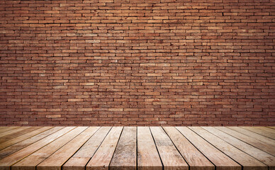 Old wood table with abstract old brick wall with light background for product display
