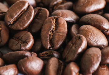 Close up of Roasted Coffee bean with selective focus