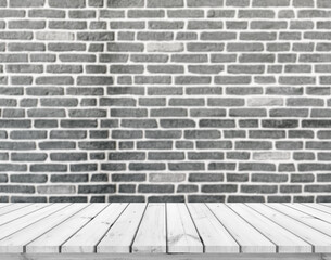 Old wood plank with abstract blur brick wall background for product display with black and white filter