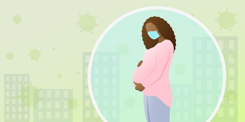 A pregnant African-American woman in a medical mask, protection from viruses and air pollution.
