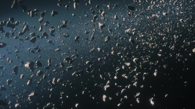 3d Render animation of an Asteroids belt in deep blue space with slow cinematic linear camera move