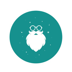 Santa claus face silhouette with beard and glasses in blue circle.