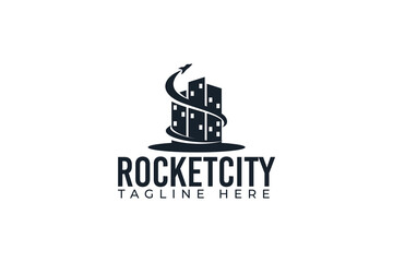 rocket city logo vector graphic with a rocket across cityscape for any business especially for property, real estate, start up, construction, etc.