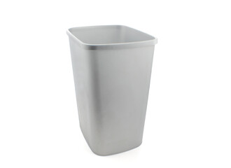 Simple plastic trash can for indoor use isolated on white background. Square shape opened rubbish...