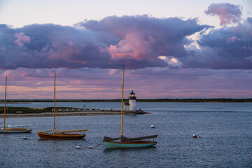 Brant Point Lighthouse at sunset on Nantucket, Massachusetts