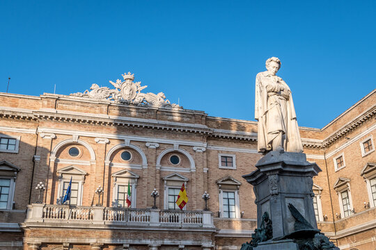Recanati, Macerata, Marche, Italy, August 13 2021: The Giacomo Leopardi Statue, dedicated to Poet, situated in Giacomo Leopardi Square Recanati Town, Marche, Italy