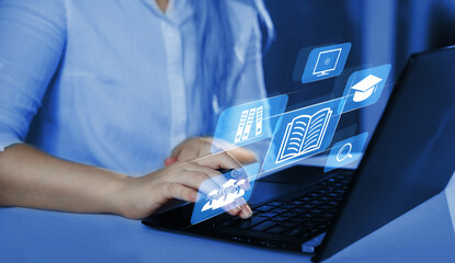 E-learning concept. Student learning online with  video tutorial, internet lessons. Education and webinar on internet.  Internet technology and online courses.