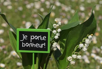 Foto auf Glas Brins de muguet avec feuilles et ardoise porte-bonheur  © hcast