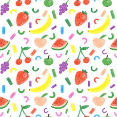 Hand drawn fruits seamless pattern. Colorful summer tropical food background for fabric, textile, wallpaper, digital scrapbooking.