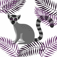 Fototapeta na wymiar Animal lemur with palm leaves on a white background.