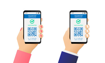 Person holding a phone with QR code as proof of Covid Vaccine. Immunization certificate. Vaccinated passenger. Vector illustration EPS 10
