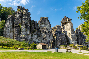 Externsteine rock formation in front of Teutoburg Forest - Teutoburger Wald / Niedersachsen /...