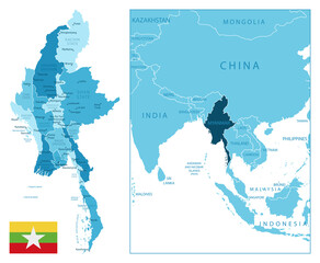 Myanmar - highly detailed blue map.