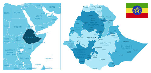 Ethiopia - highly detailed blue map. - obrazy, fototapety, plakaty