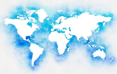 White map of the world on a blue background. Watercolor illustration.