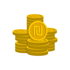 Stack of shekel coins in gold. Money icon 3d style isolated on white background. Vector illustration  - obrazy, fototapety, plakaty