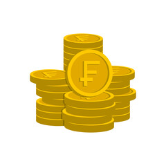 Stack of franc coins in gold. Money icon 3d style isolated on white background. Vector illustration 