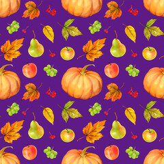 Seamless pattern with pumpkin, fruit, berries, autumn leaves on violet background. Thanksgiving Day, Oktoberfest, Hello, Autumn. Watercolor