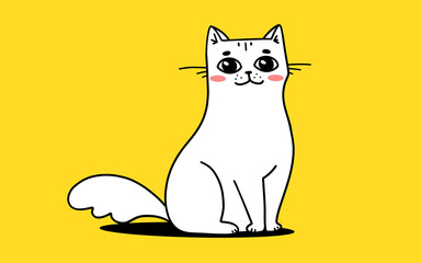 Vector illustration of white happy cute cat character on yellow color background. Flat line art style design of sitting animal cat