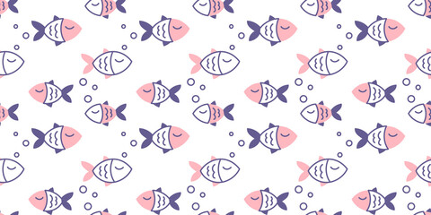 Vector illustration of happy cute swimming fish on white color background. Flat line art style design of seamless pattern with fish