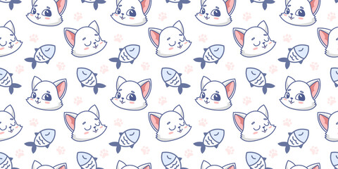 Vector illustration of happy cute cat and fish on white color background. Flat line art style design of seamless pattern with animal cat and fish