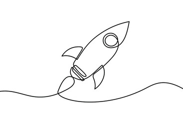 One continuous line drawing of spacecraft. Vector illustration. Rocket space ship launch. Spacecraft one line background.