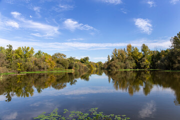 Landscape Vegas of the Alagón river in Coria, Extremadura, Spain. Urban life concept. Horizontal photo