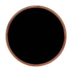 Wooden frame. Empty wooden frame with white blank backing board on black background. Round frame. Empty frame. The layout of the sign.