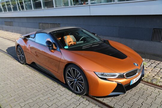 DUSSELDORF, GERMANY - SEPTEMBER 19, 2020: BMW i8 plug-in hybrid sports car parked in Germany. There were 45.8 million cars registered in Germany (as of 2017).