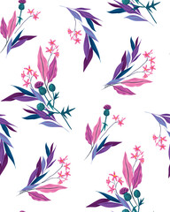 Seamless pattern with thistle flowers, small pink flowers on a white background. Floral pattern with purple flowers and other plants. Vector botanical background.