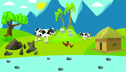 Nature landscape village flat vector with trees, mountains, road, van, clouds, sky, sun, house, cow, hen, lake, rock etc.