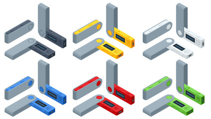 Isometric USB flash drives are hardware wallets. Personal Bitcoin wallet for cryptocurrency, keeps your coins offline and protected. USB drive as cold storage.