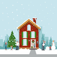 People decorate the house for the holiday. Winter background. A large family is preparing for Christmas. Vector illustration in a flat style.