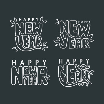 set line art happy new year 2020 hand drawn letters, font style editable vector