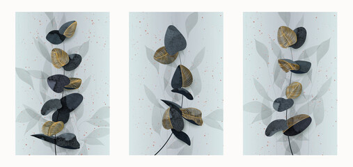 Luxury abstract background with dark and gold eucalyptus leaves. Botanical watercolor line art for print, home decor, invitations © VectorART