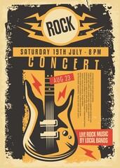 Grunge poster design for rock concert with electric guitar, text and grungy stain patterns on old paper texture. Punk, rock or heavy metal music event promotion. Artistic vector gig party ad.
