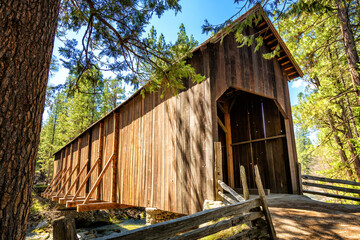 Historic covered bridge in Wawona, Yosemite National Park, California, USA.