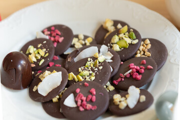 mediants chocolate chips with pistachio and  freeze-dried berry