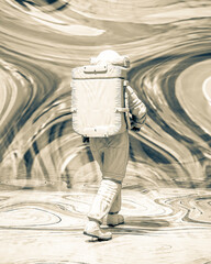 astronaut is walking in a psychedelic background rear view
