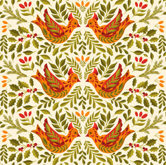 Pattern seamless Christmas 2022 bird animal.Branch leaves elegante xmas design.