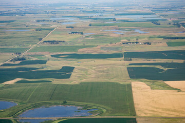 High aerial scenic view of farmland in South Dakota, USA.