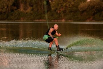 active muscular man holds rope and skilfully balancing on water on wakeboard