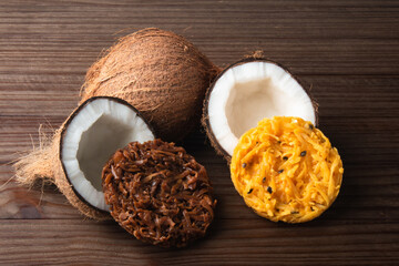 Cocada Coconut Candy on Rustic Wood Background