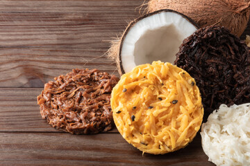 Cocada Coconut Candy on Rustic Wood Background